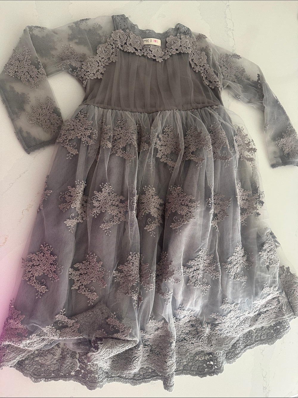 Mae Li Rose Gray Tulle Long Sleeve Dress Floral‎ Embroidered flowers size 7